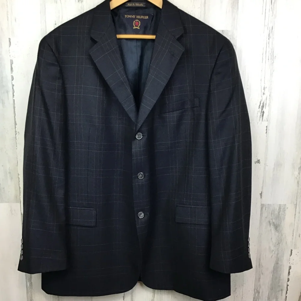 Tommy Hilfiger Men's 46R Blazer Sport Coat Blue Check Silk & Wool vtg -holes